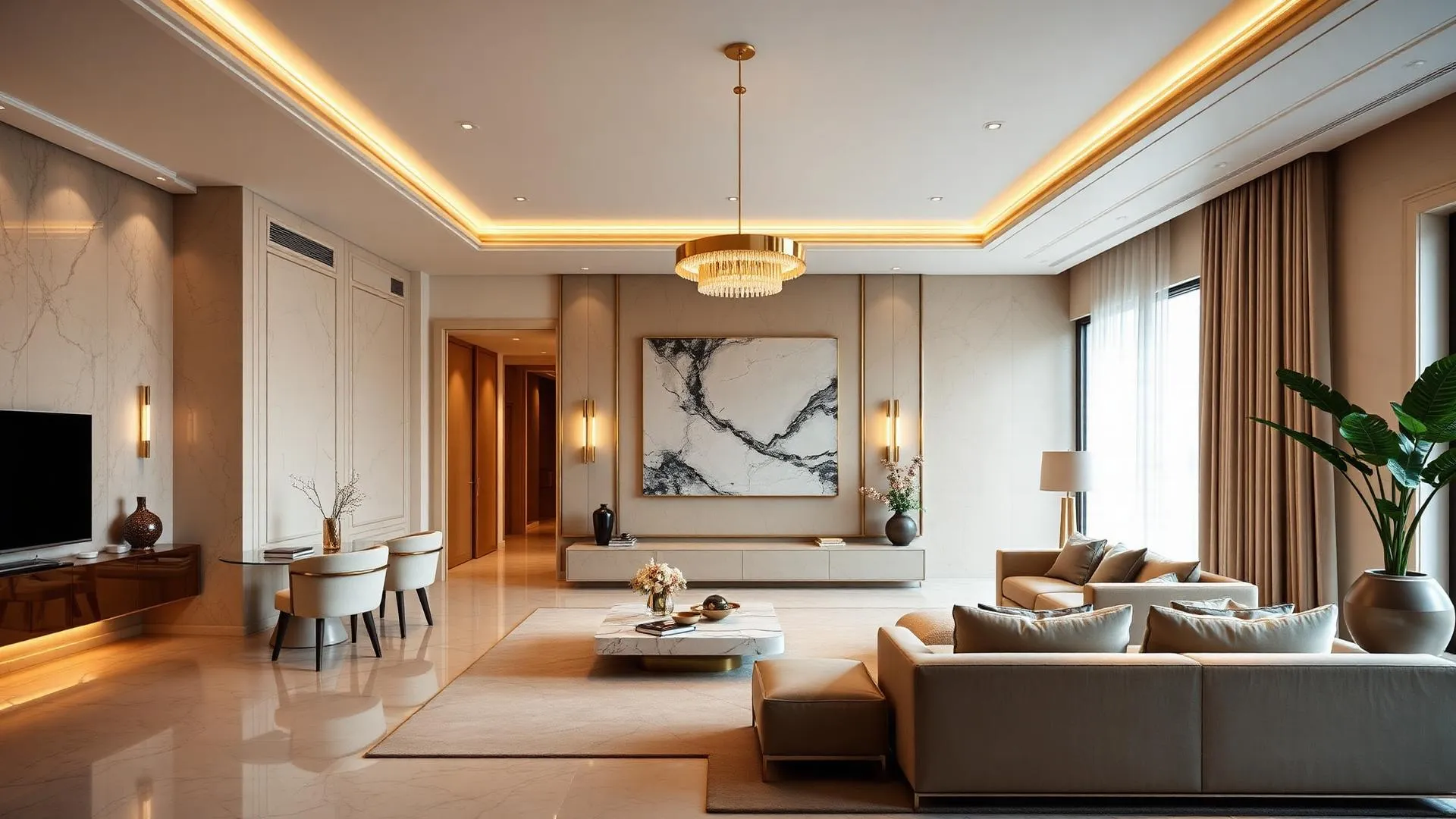 Interior renovat premium — living cu iluminat ambiental și marmură
